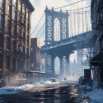 Photorealistic painting of DUMBO Brooklyn New York City in the wintertime, crisp...