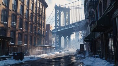 Photorealistic painting of DUMBO Brooklyn New York City in the wintertime, crisp...