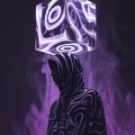 A figure cloaked in a garment adorned with a black and white abstract swirl patt...