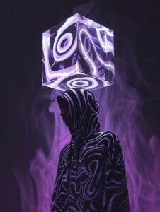 A figure cloaked in a garment adorned with a black and white abstract swirl patt...