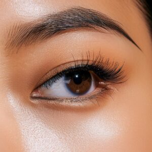 Close-up photograph of a left open eye, dark brown iris, natural black eyebrow, ...