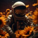 In the style of minimalistic posters, Pastel portrait of An astronaut in a field...