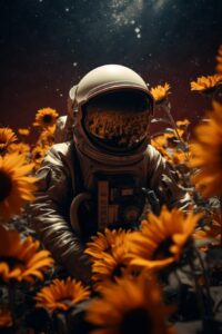 In the style of minimalistic posters, Pastel portrait of An astronaut in a field...