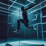 An athlete in action, frozen action, nike outfit, in glass box, suspended on air...
