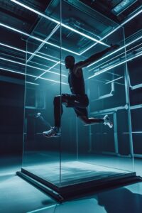 An athlete in action, frozen action, nike outfit, in glass box, suspended on air...