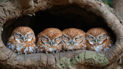A trio of fuzzy little owlets huddle together as they sleep, blending into weath...