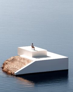 Arts by zhangrui1231. A man sits on a cliff next to a white boat, in the style o...