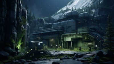 Small hidden sc fi outpost in the forest, sci fi research station, sci fi base, ...