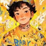 A cartoon illustration of a BOY in a yellow shirt over art by mrs butterfly, in ...