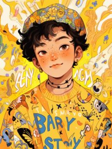 A cartoon illustration of a BOY in a yellow shirt over art by mrs butterfly, in ...