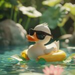 a lovely 3d illustration of cute little duck with sunglasses, Lying, swimming po...