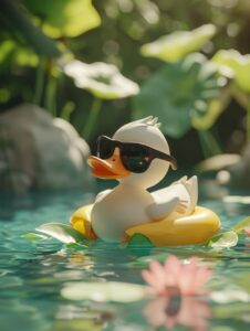 a lovely 3d illustration of cute little duck with sunglasses, Lying, swimming po...