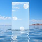A white card floating on a blue sea, in the style of minimalist stage designs, e...