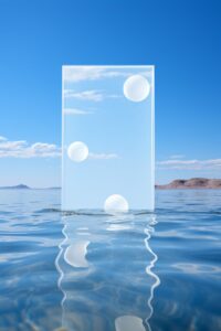 A white card floating on a blue sea, in the style of minimalist stage designs, e...