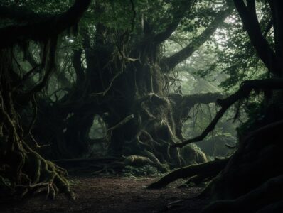 Photography, in dark woodlands, where shadows dance, Tree creatures whisper thei...