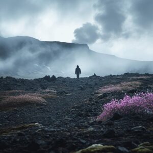 Icelandic volcano, dense with dark clouds, some gravel on the ground, thin mist,...