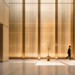 People walking in the lobby of an office building, in the style of light bronze ...