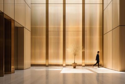 People walking in the lobby of an office building, in the style of light bronze ...