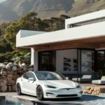 Photorealistic rendering of an electric car parked in front of the pool area at ...