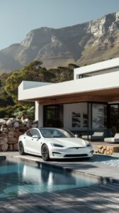 Photorealistic rendering of an electric car parked in front of the pool area at ...
