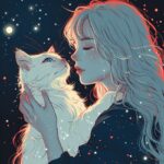 A girl with long hair and blue eyes hugs her white cat against the background of...