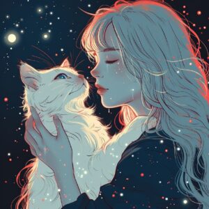 A girl with long hair and blue eyes hugs her white cat against the background of...