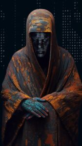 Horrorbusinesspunk technomancer, creased crinkled wrinkled layered textured robe...