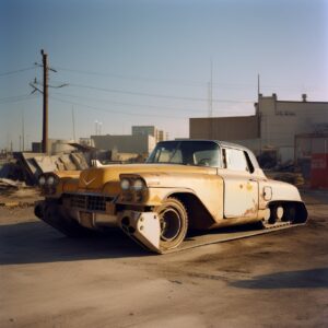 Realistic photo of a vintage Cadillac transformed as a backhoe on a construction...