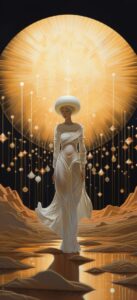 A figure made of white light floats through a strange desert night, hand painted...