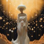 A figure made of white light floats through a strange desert night, hand painted...