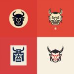 minimal icon of Japanese demon block print, script, persian miniature, logo, gra...
