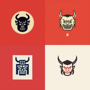 minimal icon of Japanese demon block print, script, persian miniature, logo, gra...