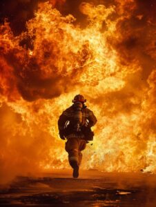 A brave and handsome chinese firefighter, risking his life, urgently sprints tow...