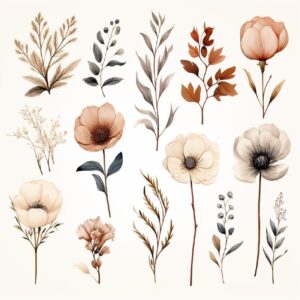 Cute watercolor winter flower collection, highly detailed with ink color, boho c...