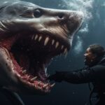 A diver being eaten by a great white shark attacking, pink and red air bubbles, ...