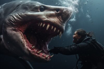 A diver being eaten by a great white shark attacking, pink and red air bubbles, ...