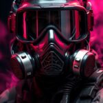 Realistic portrait of a mechanized soilder, sepia, magenta black, cyan with a bl...