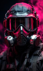Realistic portrait of a mechanized soilder, sepia, magenta black, cyan with a bl...