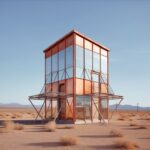 A metal building with the tower sitting in the desert, in the style of postmoder...
