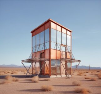 A metal building with the tower sitting in the desert, in the style of postmoder...