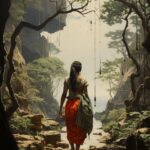 A healer african woman goes out hiking on a jungle path in search for a potion f...