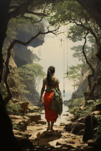 A healer african woman goes out hiking on a jungle path in search for a potion f...