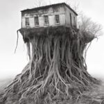 Black and white photograph of a house growing from the ground with roots in it, ...