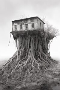 Black and white photograph of a house growing from the ground with roots in it, ...