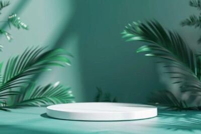 Stylish white podium on a bold emerald background, matte texture, even light dis...
