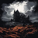dark bleak gothic english manor on blustery Yorkshire moors in a travel poster s...