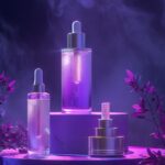 skincare products on podium with dramatic lighting on purple background realisti...