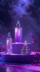 skincare products on podium with dramatic lighting on purple background realisti...