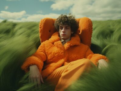 a young man wearing a green outfit, sitting in an orange fur chair, in high gras...