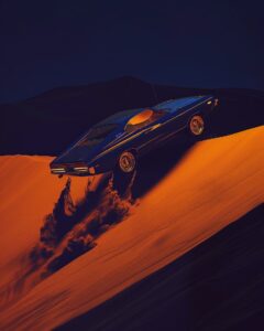 Dark blue car falling down from height and suspended in the air at the second be...